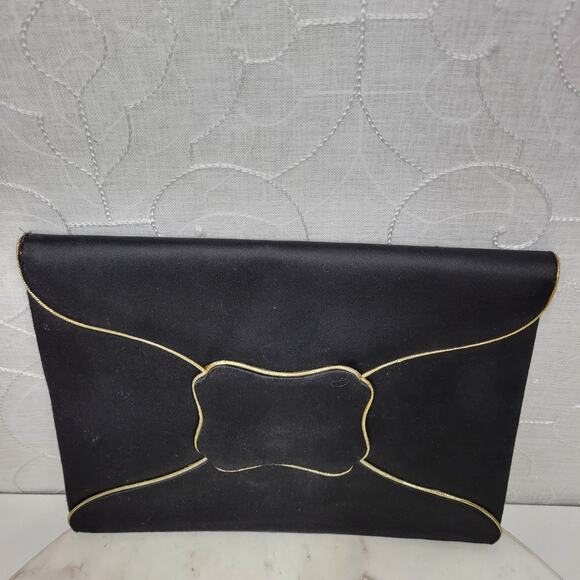 Vintage Yves Saint Laurent Silk Envelope Clutch 9" Black Gold Trim France - Picture 12 of 16